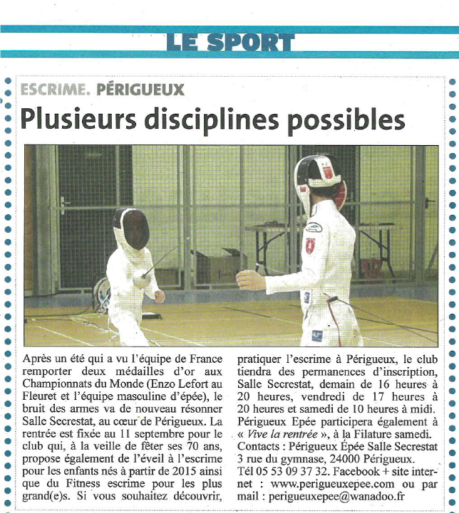 Escrime Périgueux épée article dordogne libre disciples possibles