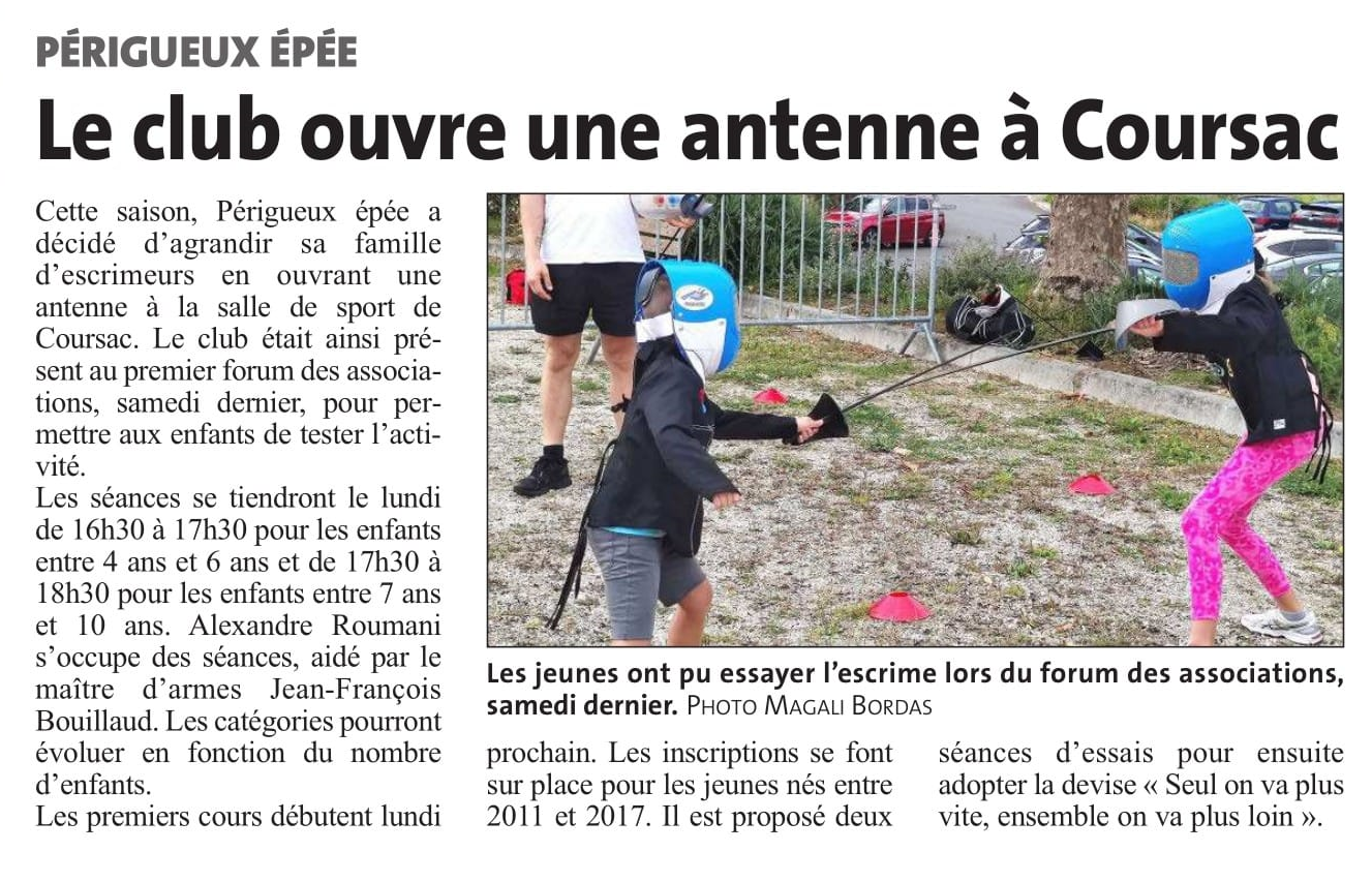 escrime périgueux épée coursac antenne ouverture